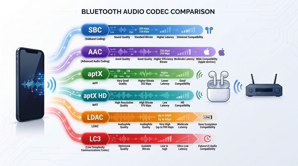 Bluetooth audio codecs compared including SBC, AAC, aptX, aptX HD, LDAC, and LC3