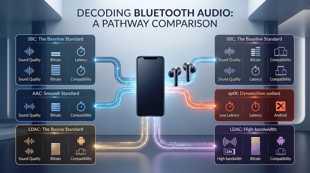 Bluetooth audio codec comparison showing SBC, AAC, aptX, and LDAC