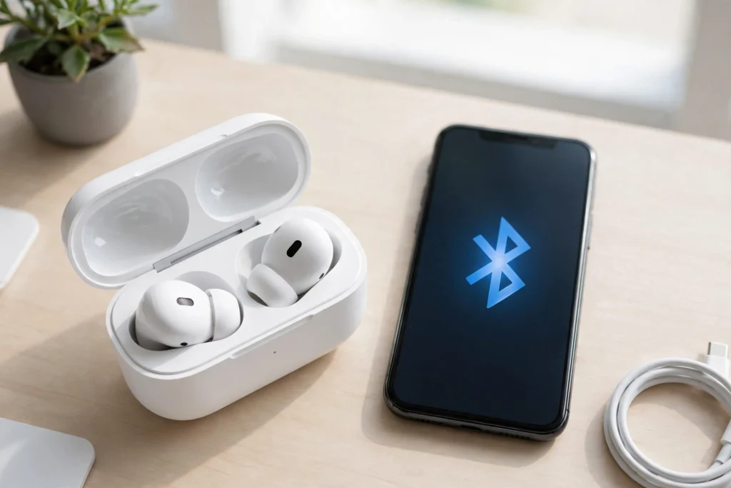AirPods in charging case next to a smartphone for Bluetooth troubleshooting