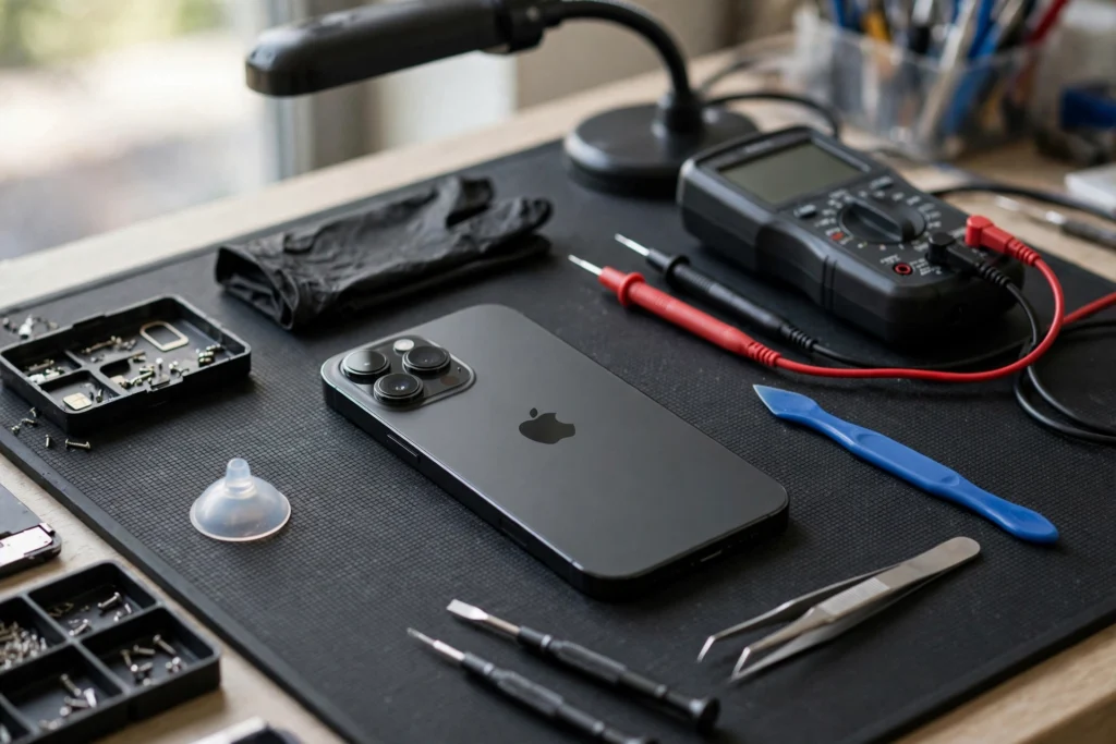 iPhone on a repair workbench for hardware diagnosis