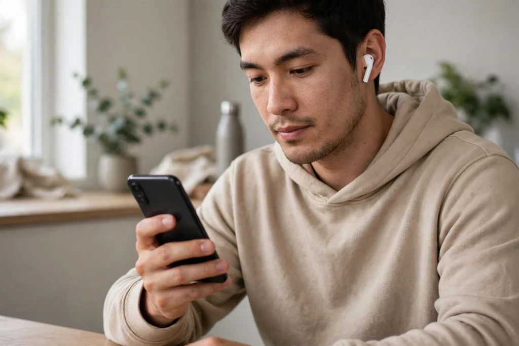 Person wearing AirPods while using a smartphone