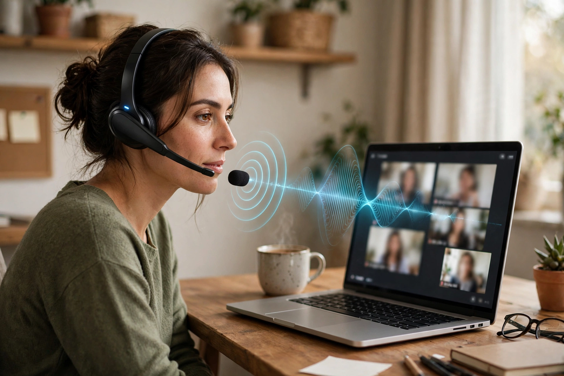 Person on a video call wearing a Bluetooth headset