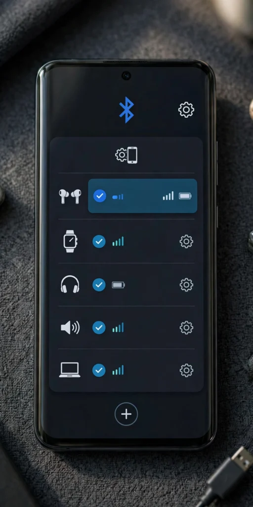 Paired Bluetooth devices with settings gear icons on Android