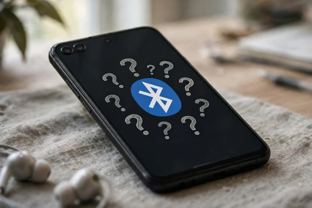 Android smartphone with question marks around Bluetooth symbol