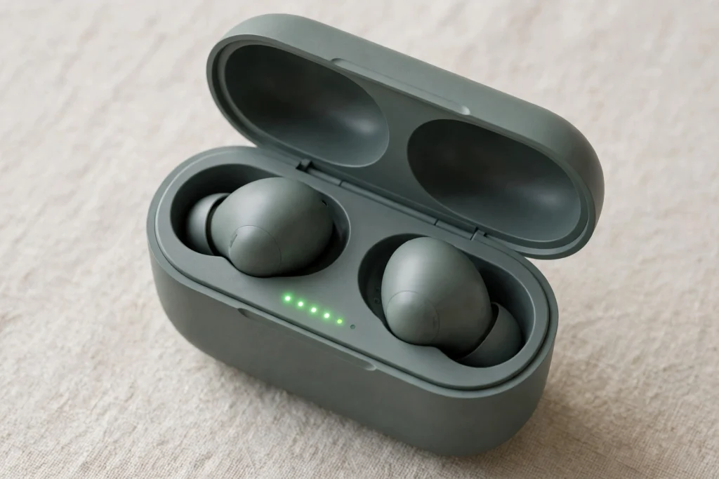 Wireless earbuds charging case with battery level indicator