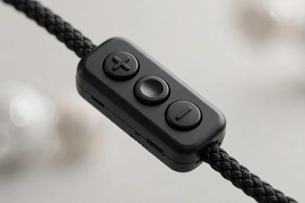Close-up of the Bose wired earbuds inline remote with physical control buttons