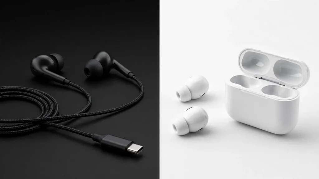 Bose wired ANC earbuds compared with typical wireless Bluetooth earbuds and charging case