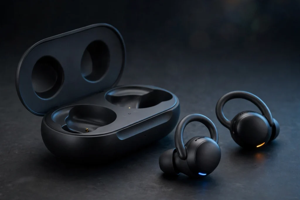Samsung Galaxy Buds On: Price, Release Date & Specs (First Open-Ear Galaxy Buds) Samsung Galaxy Buds On black clip-on open-ear earbuds with charging case