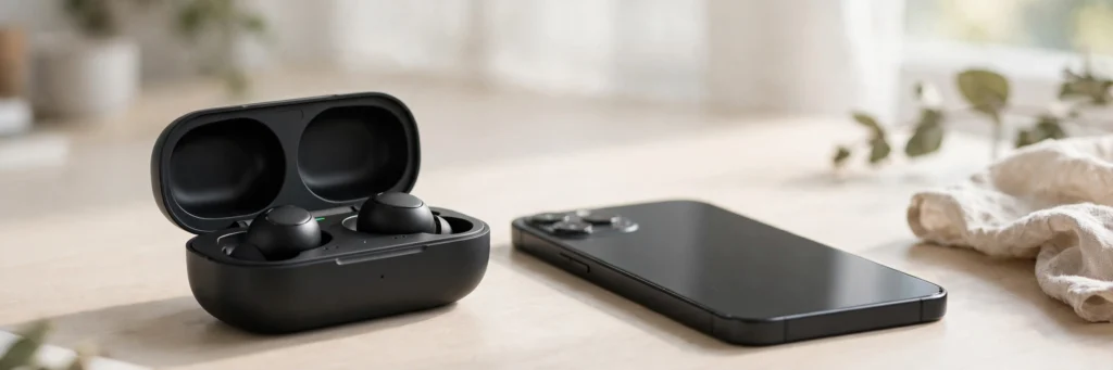 How to pair Bluetooth earbuds — earbuds in open charging case next to phone