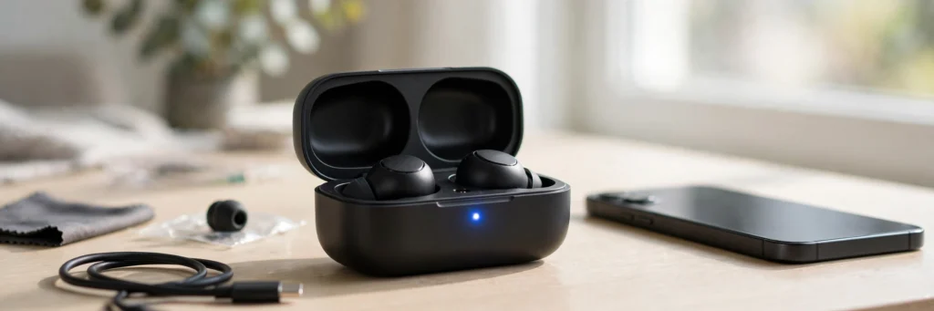 Bluetooth earbuds not pairing — earbuds in open charging case next to phone