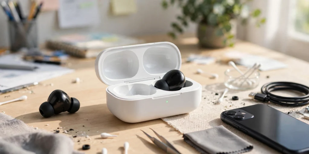 One Earbud Not Working? How to Fix It (6 Proven Steps) One earbud not working — single wireless earbud next to open charging case