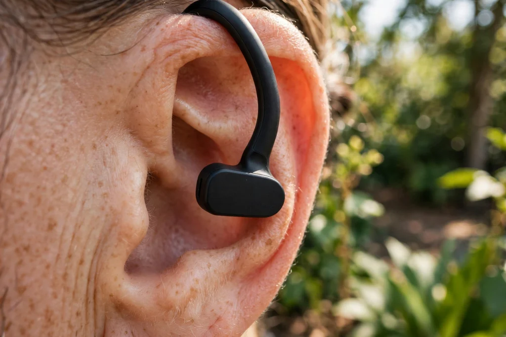 Galaxy Buds On clip-on earbud worn on the outer ear with the ear canal open