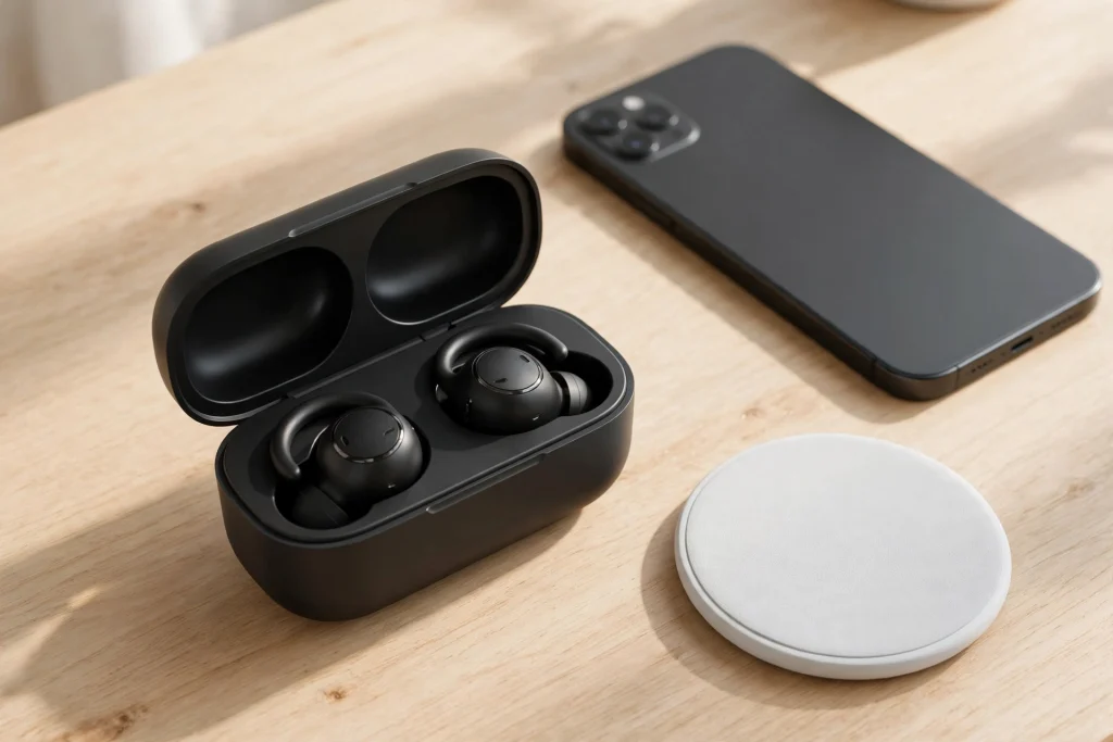 Galaxy Buds On charging case with earbuds inside, supporting wired and wireless charging