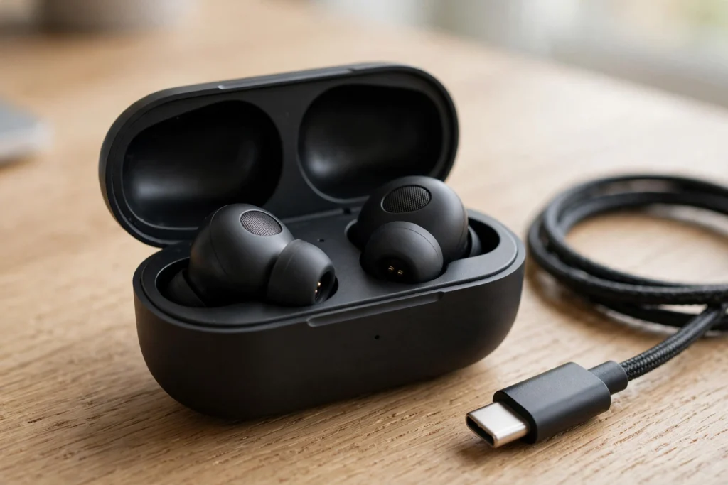 Bluetooth earbuds charging in their case