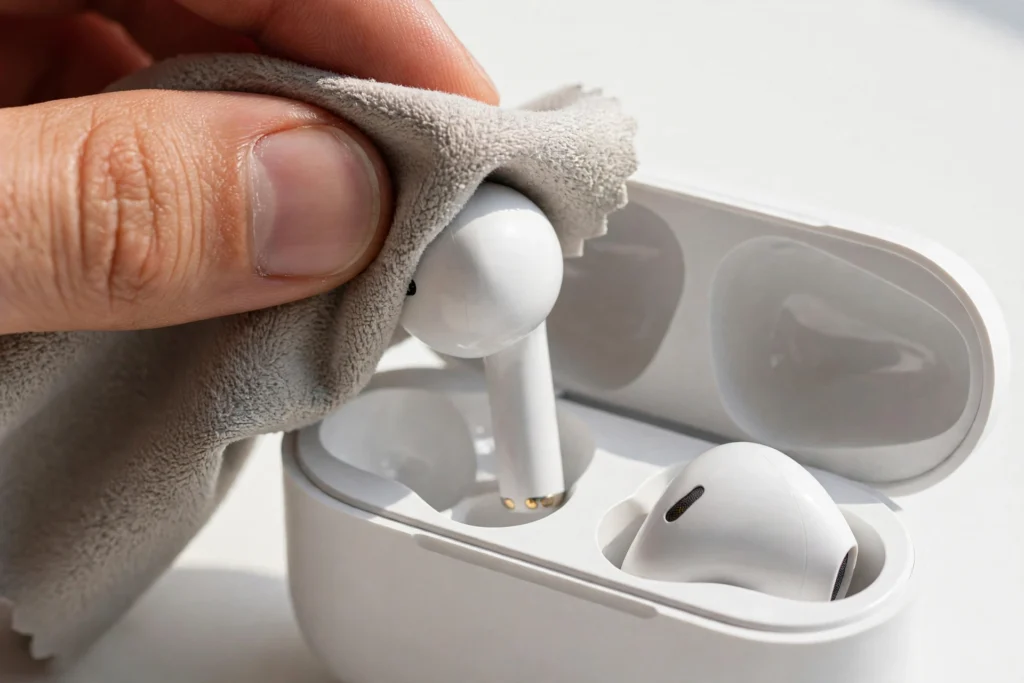 Cleaning charging contacts when Bluetooth earbuds are not pairing