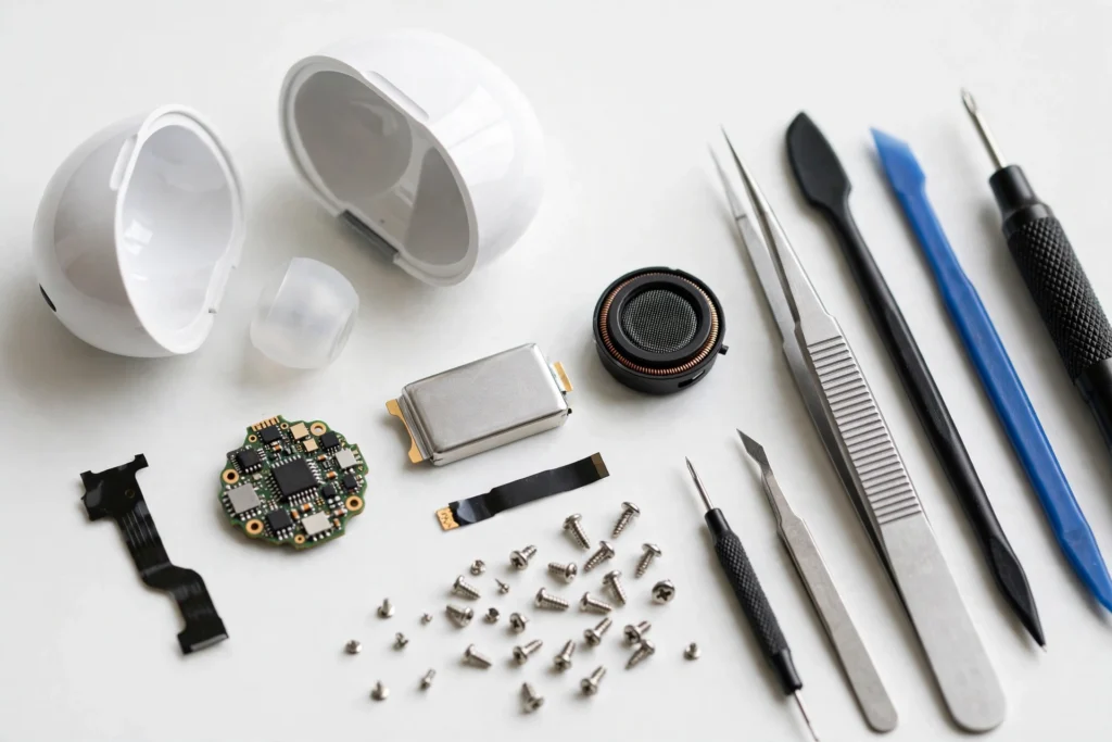 Close-up of modular replaceable earbud components and battery