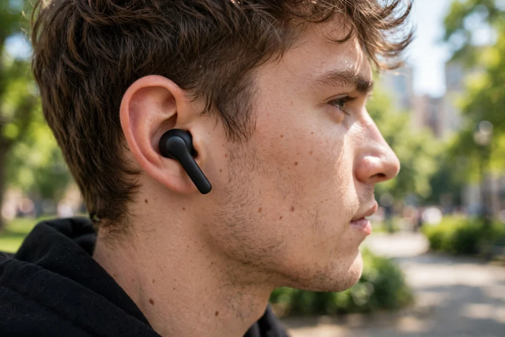 Person wearing stem-style wireless earbuds