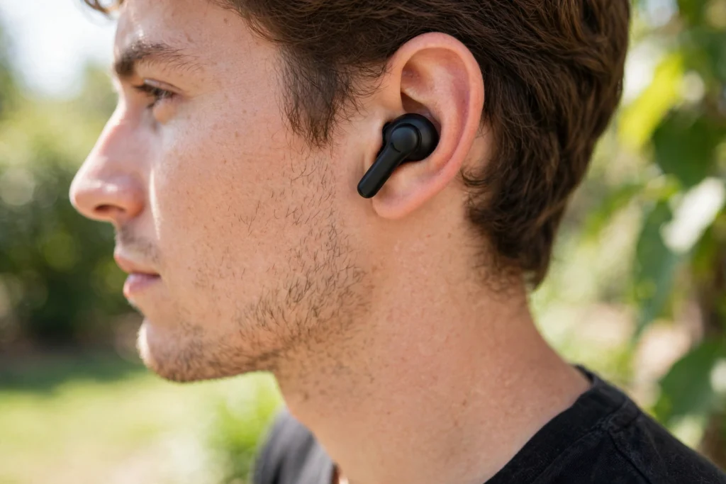 Person wearing Bluetooth earbuds showing proper fit