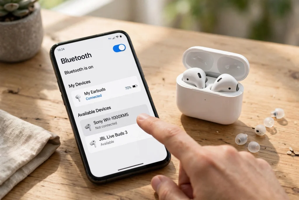 Selecting earbuds in phone Bluetooth settings to pair Bluetooth earbuds