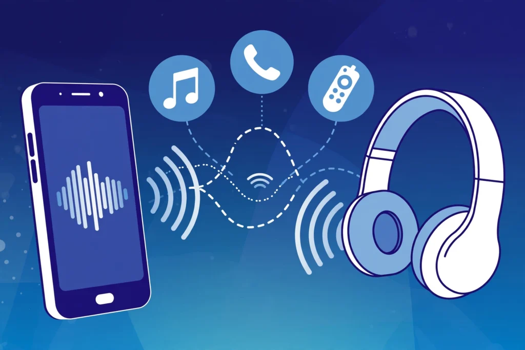 Bluetooth profiles explained - smartphone and headphones exchanging audio profile icons