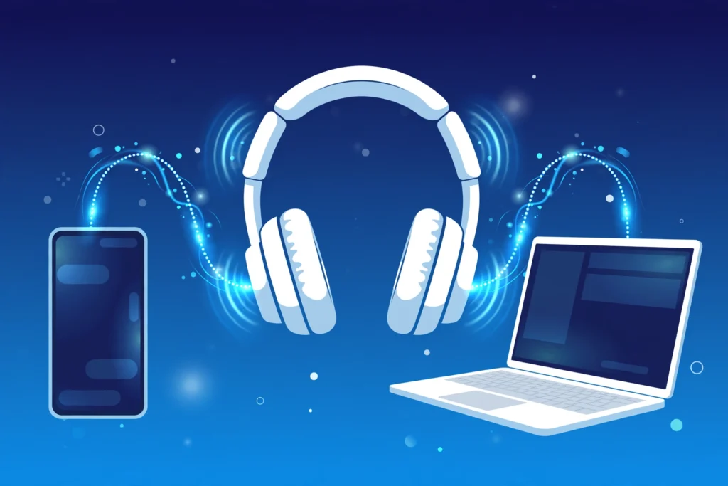 Headphones connected to phone and laptop with Bluetooth multipoint