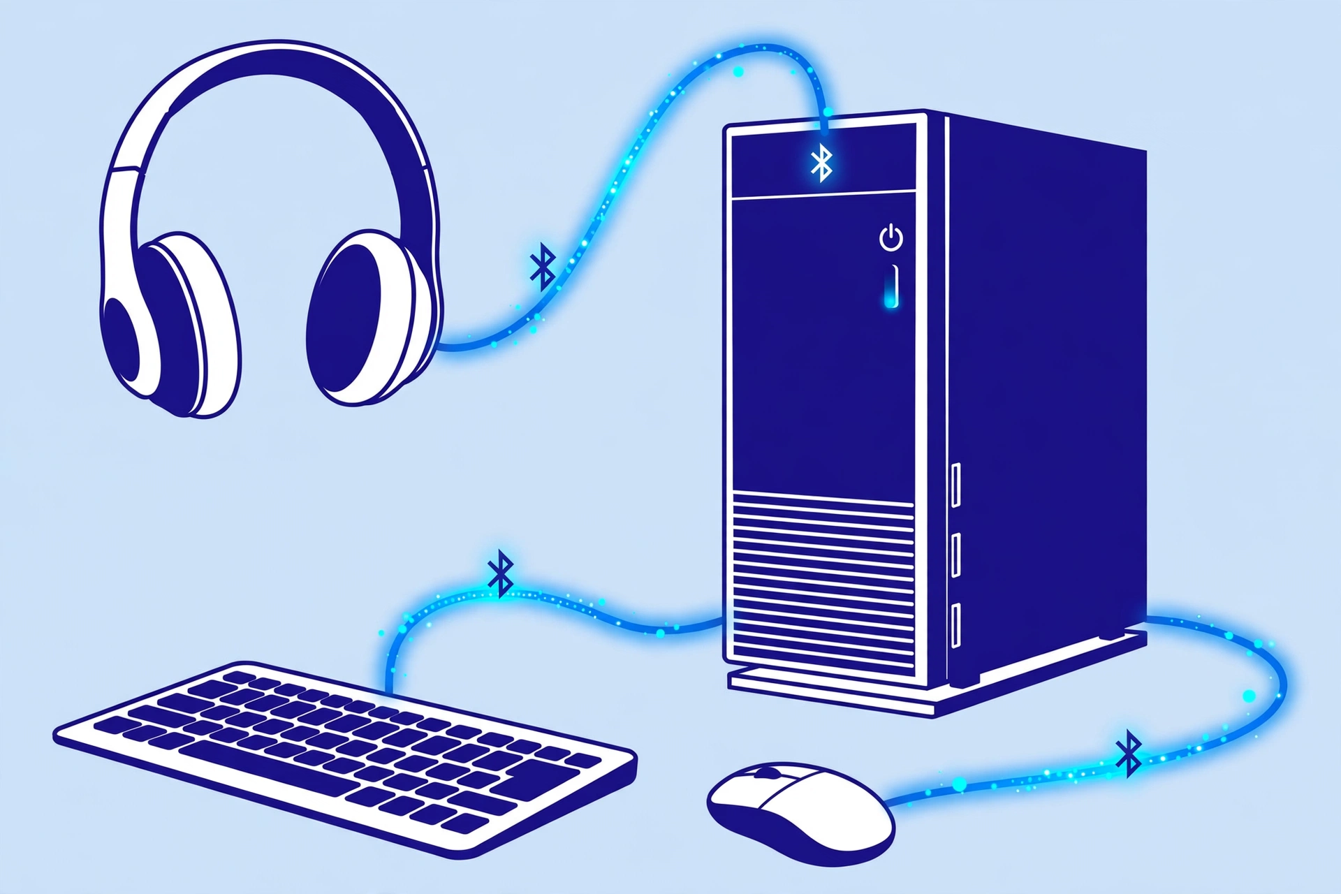 Keyboard, mouse and headset connected to a PC via Bluetooth