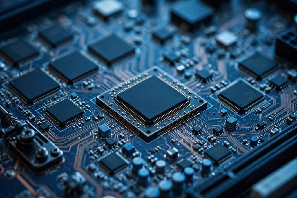 Close-up of motherboard chipsets including Intel and Realtek