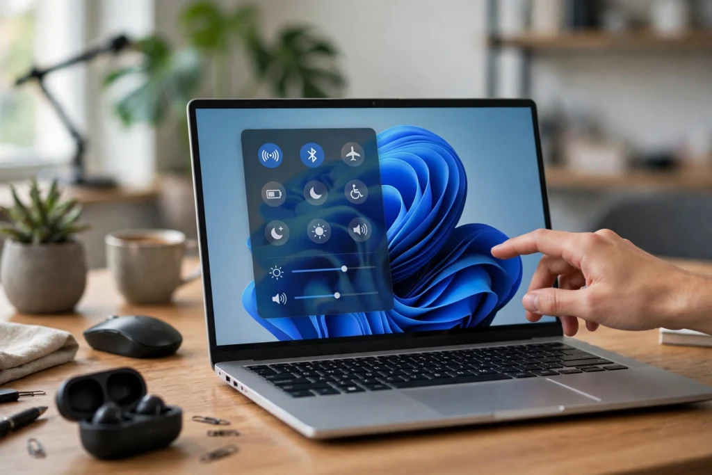 Windows 11 Quick Settings panel on a laptop screen