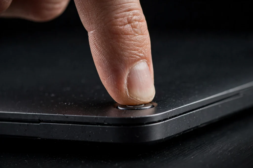 Holding down a laptop power button for a power drain reset