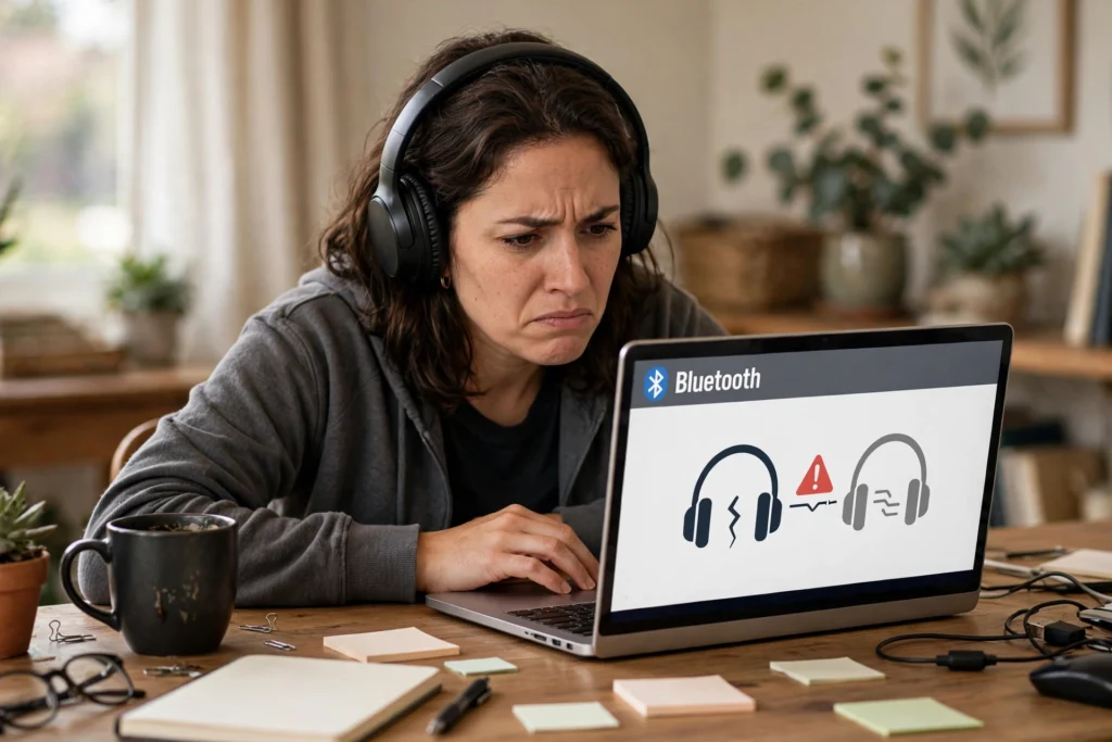 Person with wireless headphones facing a Bluetooth connection problem on a laptop